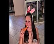 Bunny slut eating a piss covered carrot from indian girl dringking