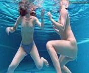Lady and Lizzy haven underwater fun from lesbian sex in swimming pool