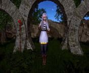 Frieren, young thin elf dances elegantly on ancient ruins from forest elf 3d