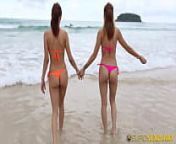 Horny twins frolic on beach and start sucking older man's cock at his villa from shimmy cash in hd