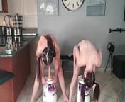 Two girls both squatting on their own dildos next to each other | double dildo ride masturbation from naked small boobs