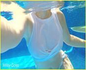 MILF swims in hotel pool in white wet shirt from braless boobs in tshirt of girl nip visible in