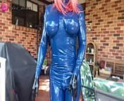 Wearing Royal Blue Latex Catsuit for the first time from transparent latex real doll