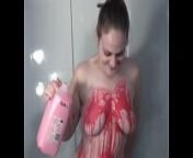 Amateur brunette squats in bathtub to pour strawberry milk down her tits and ass from pragnat girls boobs in milk videos