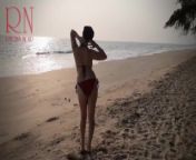 Nice lady at lonely nudist beach. Red swimsuit. Red bikini. from nudist beach milf