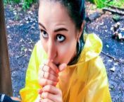 Brunette Girl in Yellow Raincoat Sucks Cock Outdoors from boobs dish