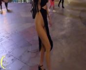 No panties in crazy slit dress shows my pussy with every step! from sliit